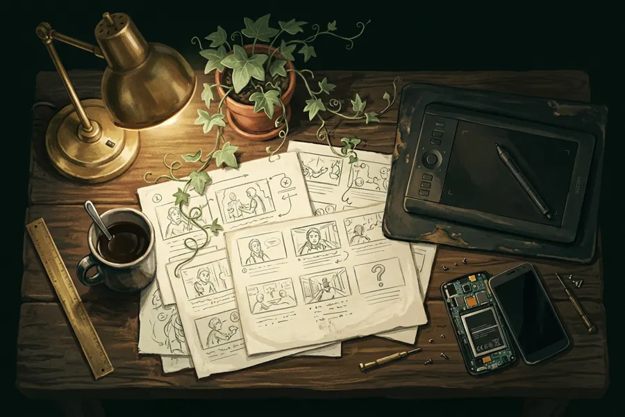 The TREILLE workbench: storyboards, a graphics tablet, a disassembled handset and a climbing plant